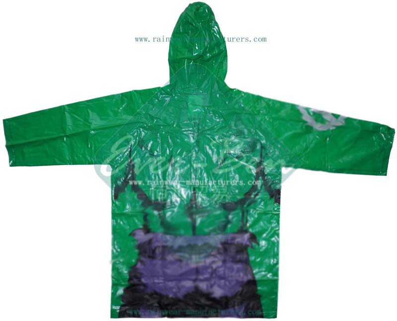 Green PVC shiny raincoat with hood-funny rain jacket
